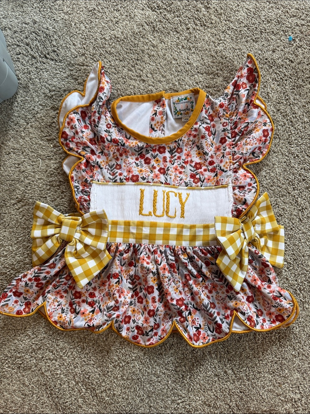 Yellow Floral Ruffle Baby Top with Gingham Bows - Lucy